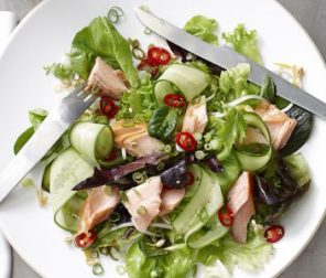 Hot Smoked Salmon Mixed Leaf Salad with Sweet Soy Dressing