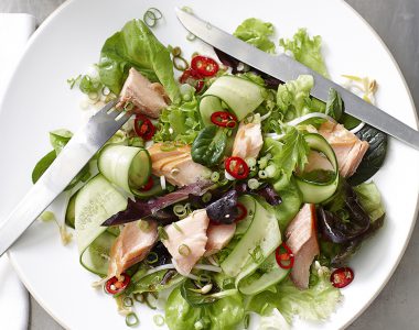 Hot Smoked Salmon Mixed Leaf Salad with Sweet Soy Dressing