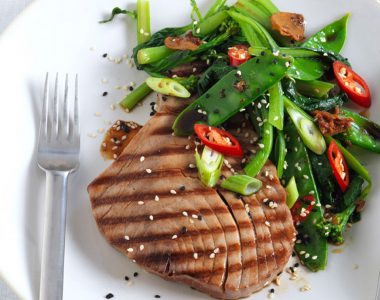 Soy Glazed Tuna with Stir Fried Greens with Garlic & Soy