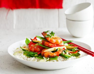 Stir Fried Ginger Prawns with Asparagus and Snow Peas