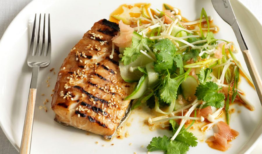 Teriyaki Roast Kingfish with Cucumber and Enoki Japanese Salad