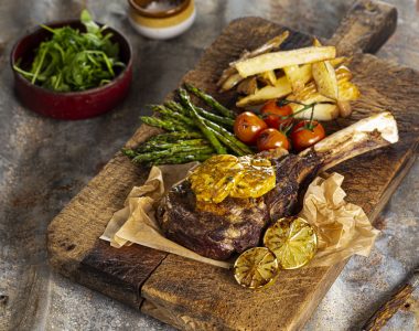 Ribeye Steak with Soy Butter, Sticky Asparagus and Hand Cut Chips