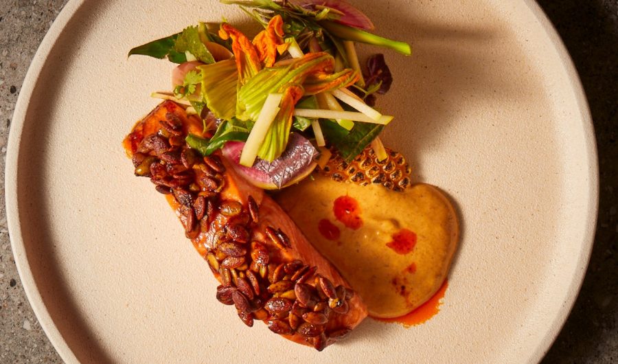 Sticky Soy & Pepita Crusted Ora King Salmon with Laksa Sauce & Asian Summer Salad