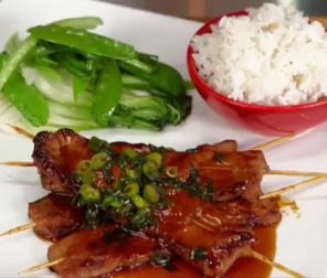 Honey and Soy Sticky Skewers on Asian Greens