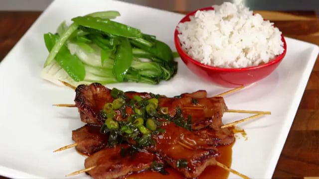 Honey and Soy Sticky Skewers on Asian Greens