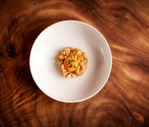 Cured kingfish tartare, Burnt chilli, sesame, Kikkoman less salt soy sauce cured egg yolk