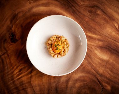 Cured kingfish tartare, Burnt chilli, sesame, Kikkoman less salt soy sauce cured egg yolk