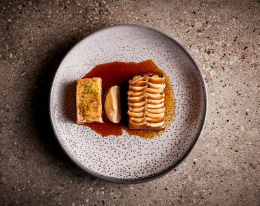Mayura Gold short rib, Braised in Kikkoman all purpose soy sauce, celeriac puree, pressed potato, pickled shiitake mushroom