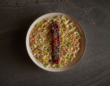 Teriyaki poke bowl, brown rice, cabbage, edamame, beetroot, carrot, red onion, ponzu, sesame mayo, sesame seeds