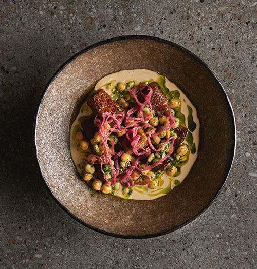 Falafel Gnocchi, Mushroom Tarator with Crumpet Spice